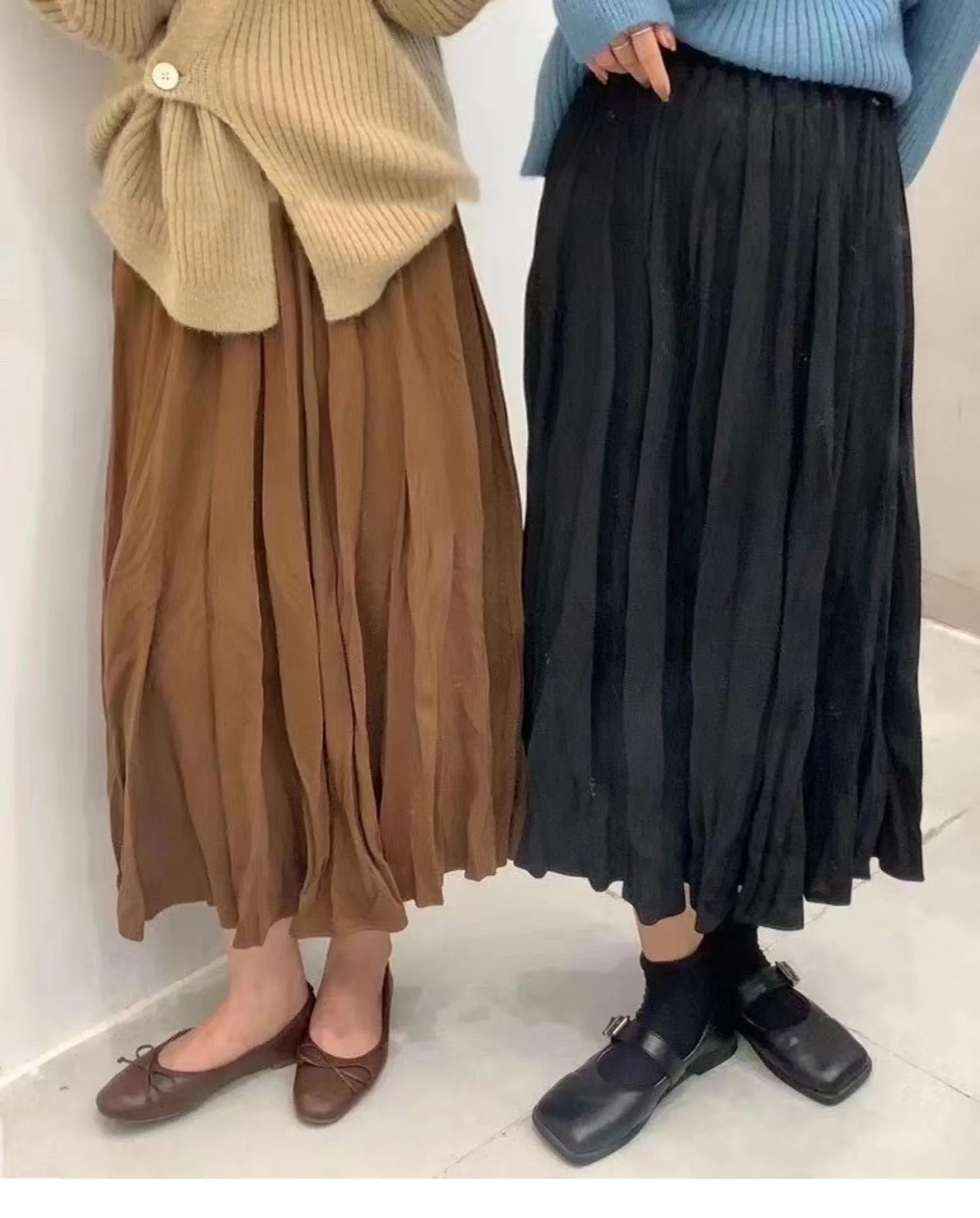 

SuperAen 2021 Autumn Elastic Waist Simple Solid All Match Pleated A Line Knee Length Skirts Women