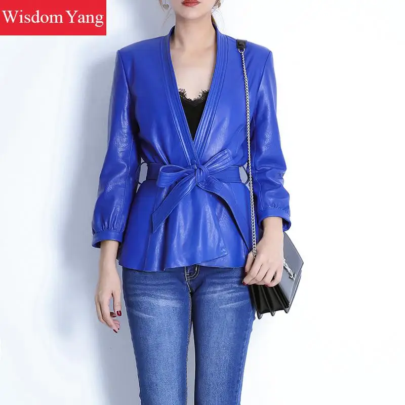 Autumn Black Blue Real Sheepskin Genuine Leather Jackets Women Coat Belt Bow Short Overcoat Bomber Ladies Jacket Coats Outerwear