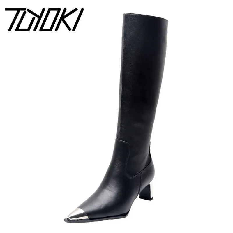 

Tuyoki Sexy Women Genuine Leather Knee High Boots Party Pointed Toe Fashion Thin High Heels Shoes Woman Winter Botas Size 33-40