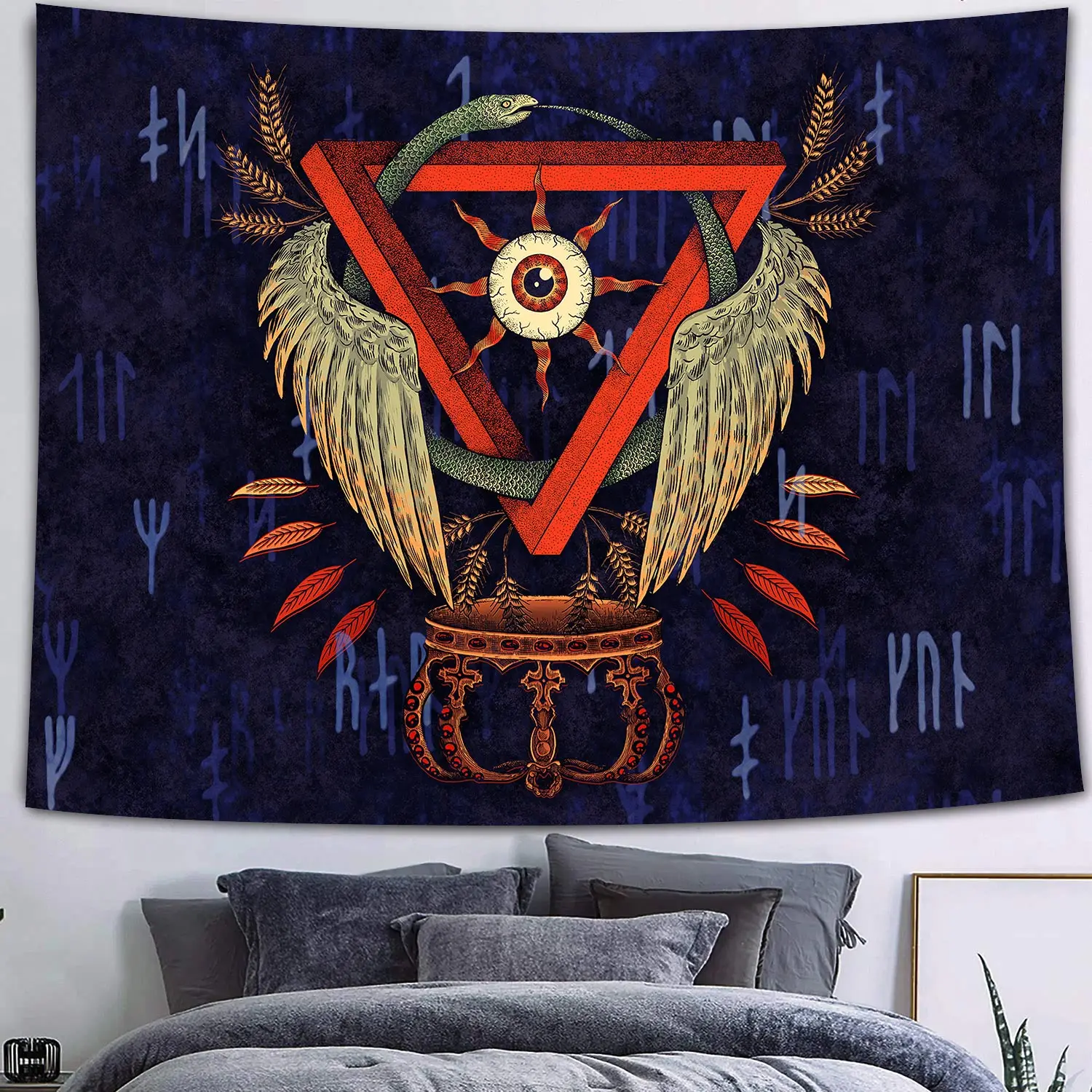 

Dark Viking Raven Tapestry Mysterious Psychedelic Viking Meditation Runes Decor Wall Hanging Tapestries for Living Room