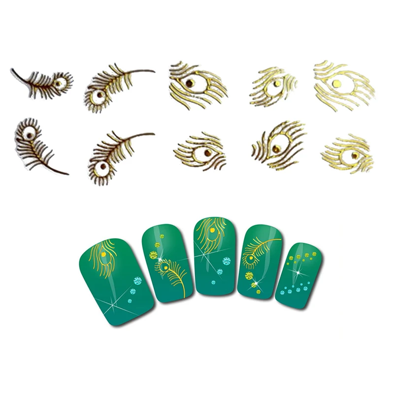 1 лист высококачественные для спа Павлин перо изображение золотой цвет ногтей