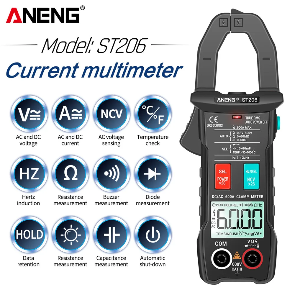 ANENG ST206 6000 Counts True RMS Amp DC/AC Current Clamp Measure Amperimetro Tester Voltmeter Digital Multimeter Clamp Meter