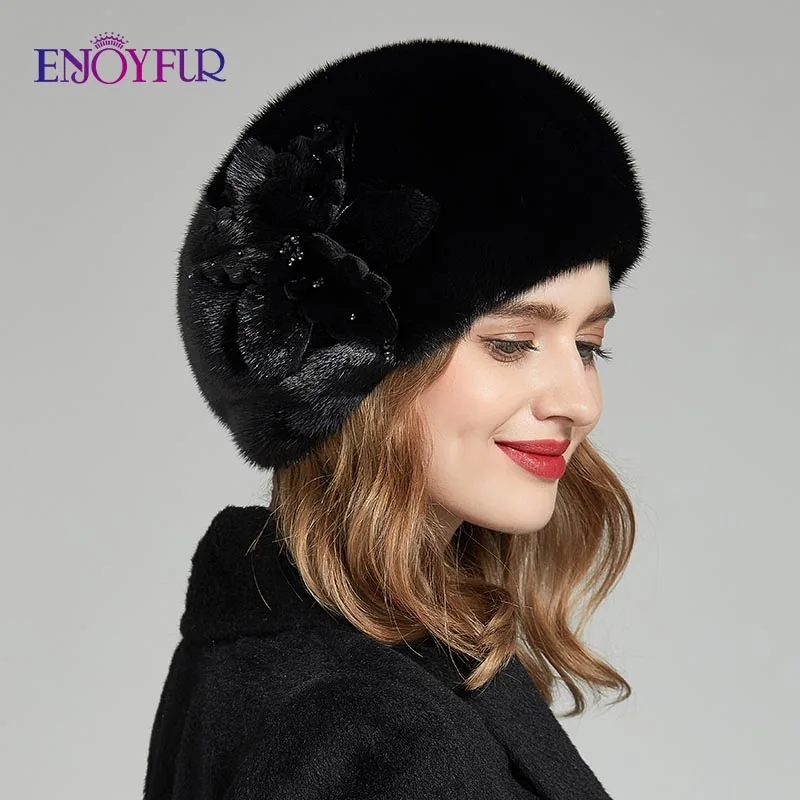 Женская меховая шапка ENJOYFUR, теплая шапочка-берет из цельного куска натурального меха норки с цветком на зиму