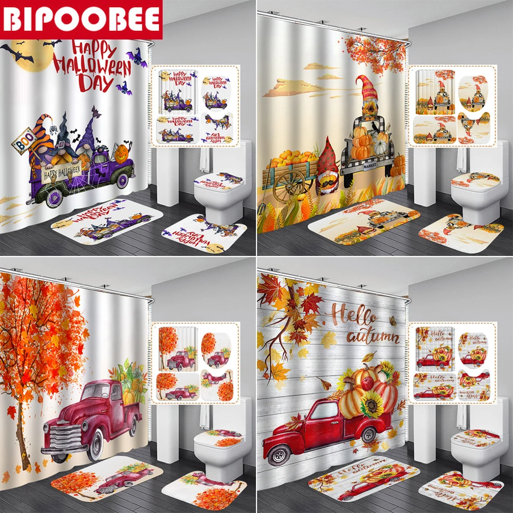 

Занавеска для душа на Хэллоуин, осенняя занавеска для ванной из ткани с изображением тыквы, s-гномов, коврики для ванной, противоскользящий к...