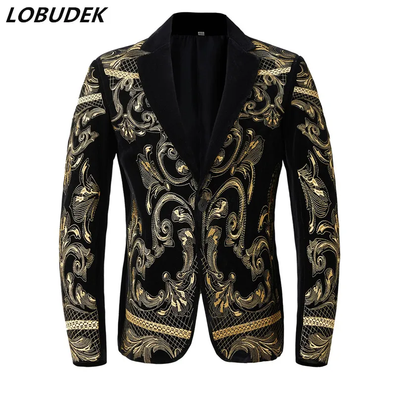 

England Style Vintage Court Jacket Gold Embroidery Black Velvet Casual Coat Male Wedding Groom Blazers Singer Host Stage Clothes