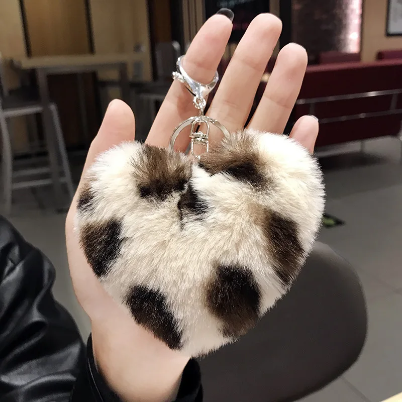 

Personality leopard print love car keychain lady's bag pendant small pendant hair ball heart key chain jewelry