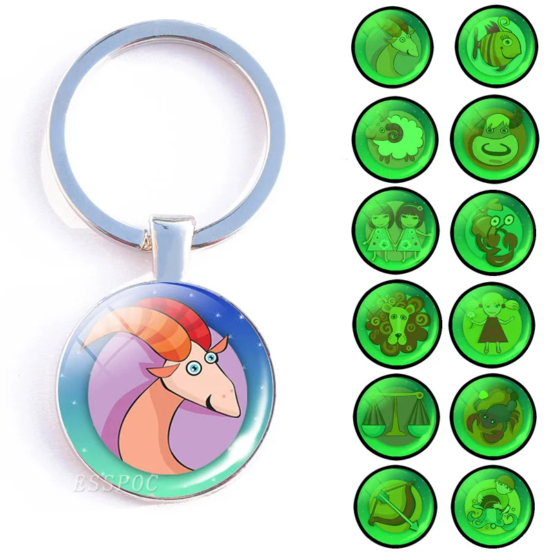 

Glowing In The Night Keychain Double Sides Glass Cabochon Key Chain Cartoon 12 Constellation Luminous Key Chains Wholesale