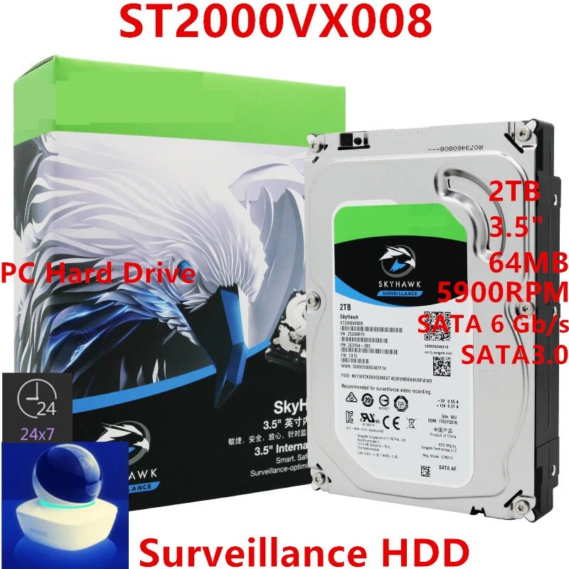 

New HDD For Seagate Brand Skyhawk 2TB 3.5" SATA 6 Gb/s 64MB 5900RPM For Internal Hard Disk For Surveillance HDD For ST2000VX008