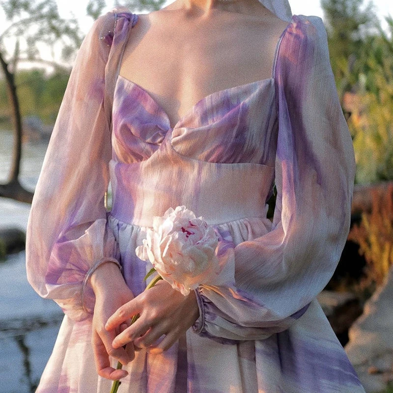 

French Style Floral Print Women's Dress Square Neck Puff Sleeve High Waist Loose Hem Midi Dresses Autumn Sweet Fairy Vestidos