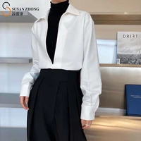 women shirts female blouse ladies top 2021 spring elegant office loose straight turn down collar v neck button cuff drop shouler