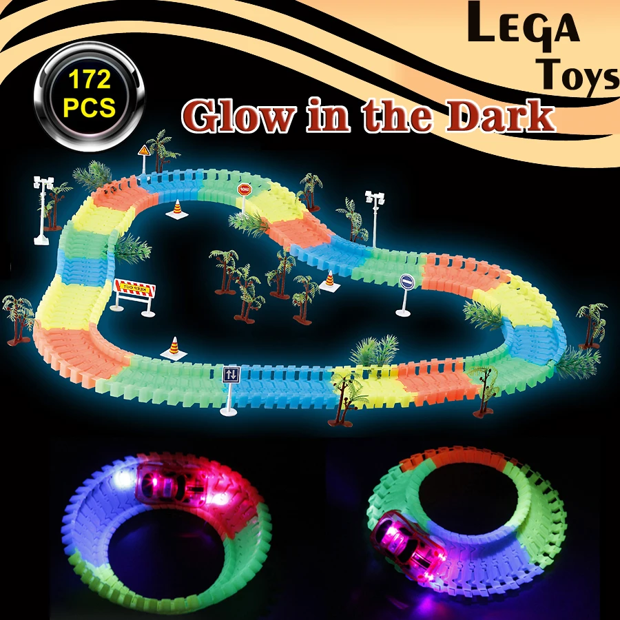 

DIY Glowing Race Track Bend Flex Flashing in the Dark Electronics Racing Railway Track Set with 5 LED light-up race Car Toys