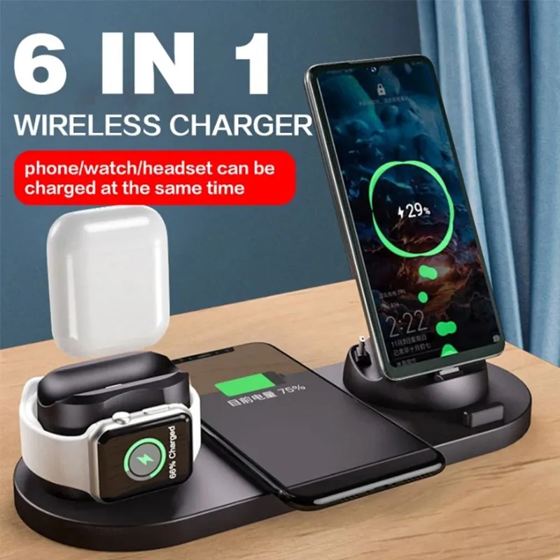 

10 Вт Беспроводное зарядное устройство подставка для iPhone Android Apple Watch 6 в 1 док-станция для быстрой зарядки для Airpods Pro iWatch