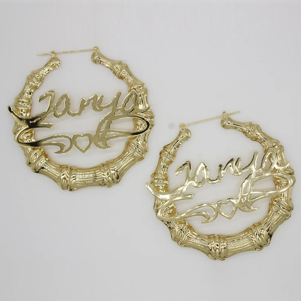 Large Bamboo Earrings Party Name Earrings Personalized Bamboo Heart Hoop Earring Brincos Customize Name Earring Polplar Cережки