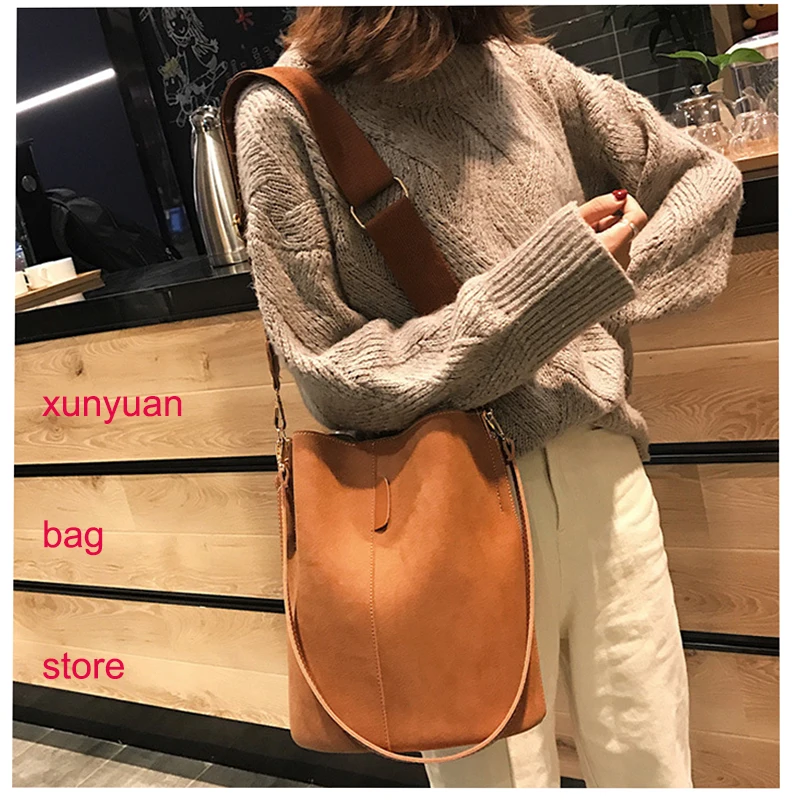 

luxury ladies bucket PU shoulder bag single shoulder large capacity messenger broadband female solid color handbag