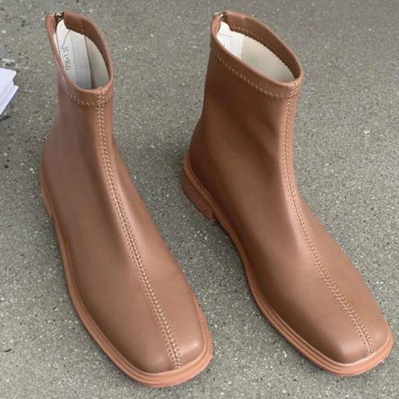 

2021 New Women Casual Ankle Boots Square Low Heel Soft Leather Martin Boots Square Toe Back Zipper Simplicity Short Boots Shoes