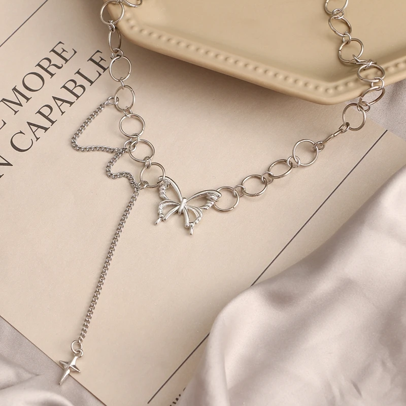 

FAMSHIN Punk Rock Butterfly Choker Necklace For Women Gothic Hip Hop Link Chain Necklace Cross Pendant Jewlery Collares Mujer