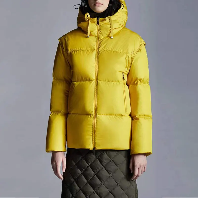

2021 Women Coat Winter Detachable Sleeve Down Jacket Vest Short Contrast Color Hooded Warm Feather Parkas Female Casual Jacket