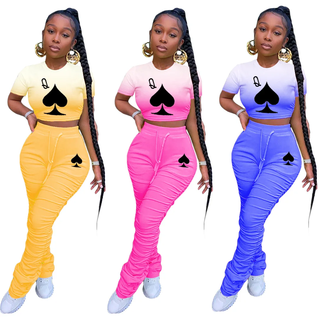 

2020 Summer Women Suit Sexy Style Solid-color Poker Spades Q Print Sleeveless Crop Tops & Stacked Leggings Trouser Two Piece Set