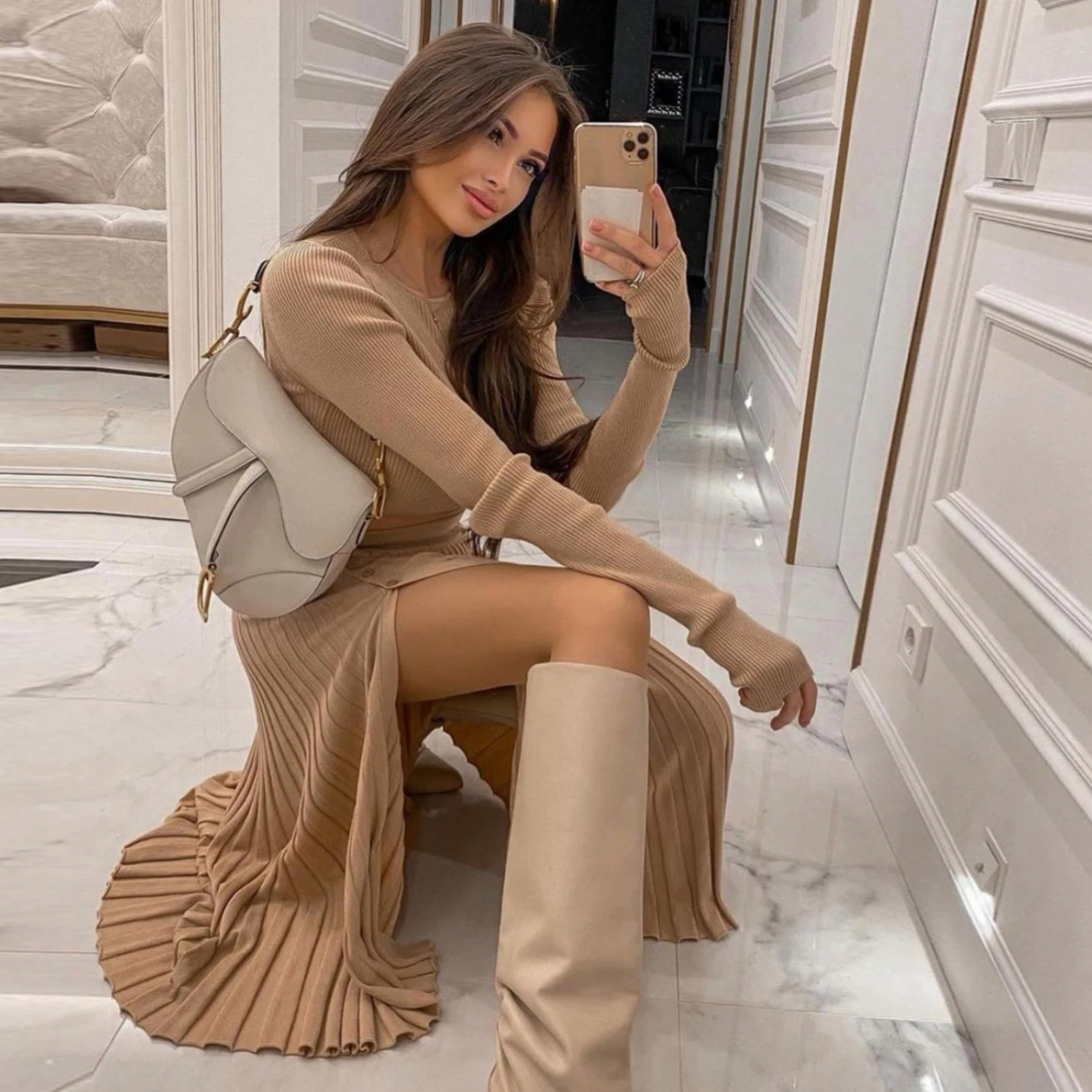 Женское трикотажное платье однотонное повседневное вечерние Y2K с длинным