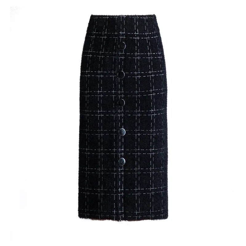 

2020 Autumn & Winter New Arrival Velvet Skirt Korean High Waist Elastic Plaid Step Skirt Single-breasted Skirt Free Shipping