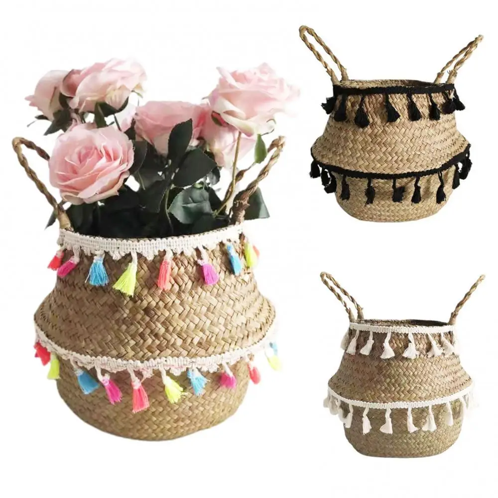 

8% Hot Sales!!! Handmade Tassel Faux Seagrass Sundries Storage Basket Household Pot Container