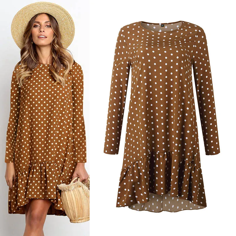 Модные платья с оборками для женщин, с принтом в горошек, с длинными рукавами, мини-платье коричневого цвета винтажной осени большого размера, желтая уличная одежда.