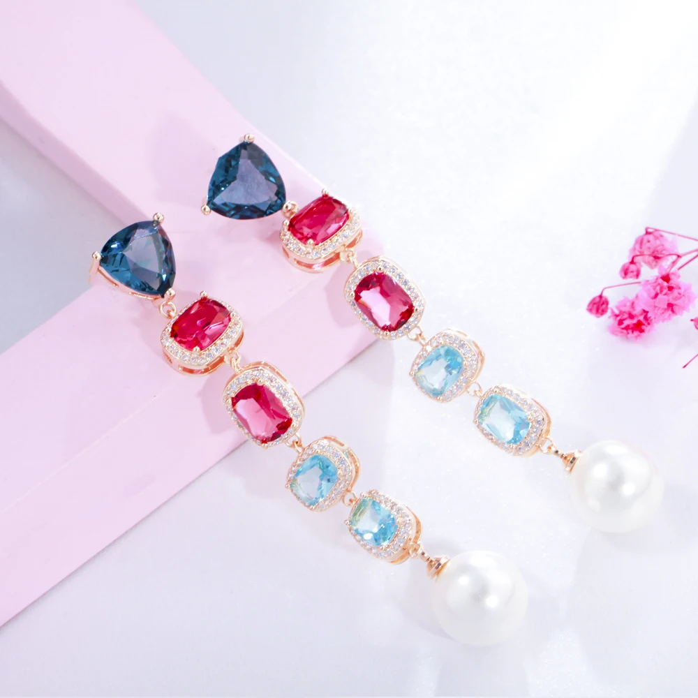 

QooLady Exquisite Long Light Blue Cubic Zirconia Korean Style Big Pearl Statement Earring Women Wedding Party Wear Jewelry E317