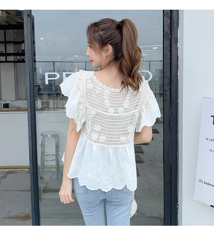 

COIGARSAM Ruffles korean blouse women New Embroidery Lace Hollow Out V-Neck blusas womens tops and blouses White Apricot 698
