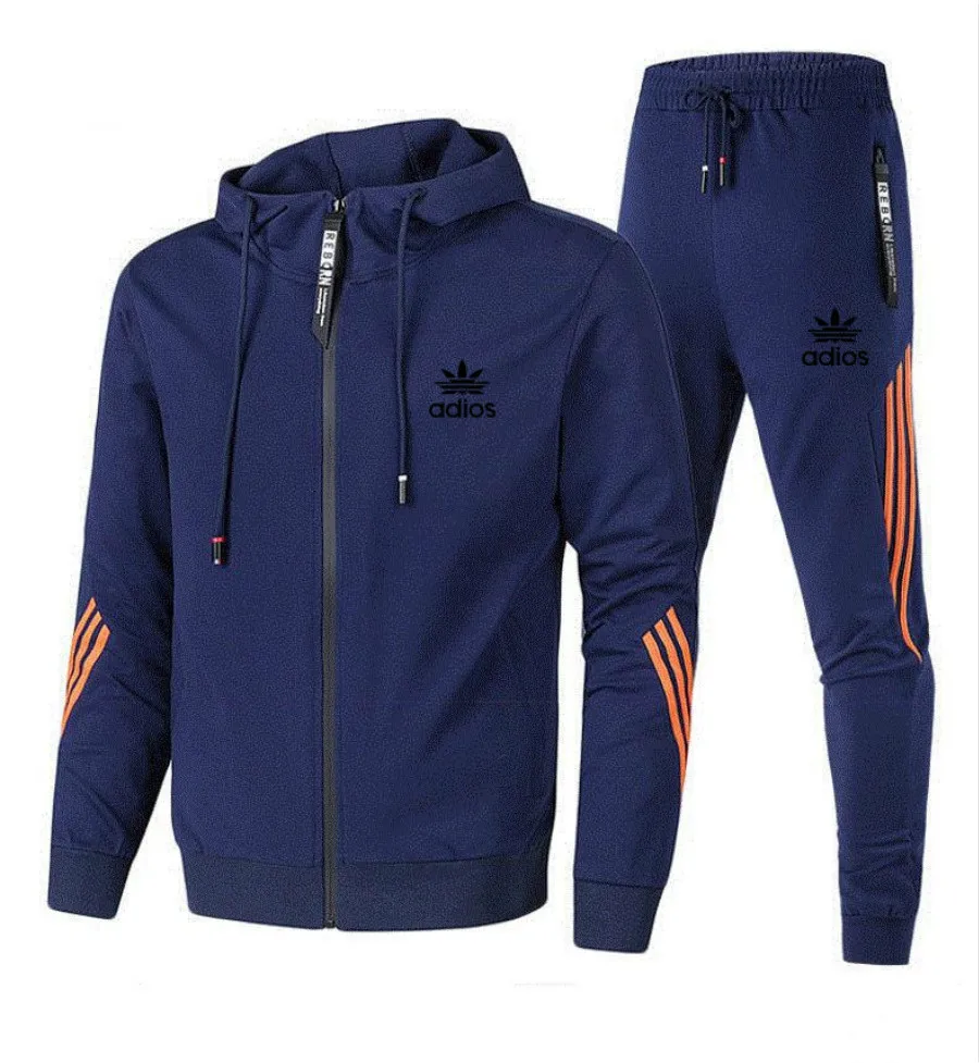 

2020 New Autumn and Winter Men's Two Piece Striped Sportswear Jacket Full Sleeve Top Hood + Outdoor Sports Pants Sports Suit