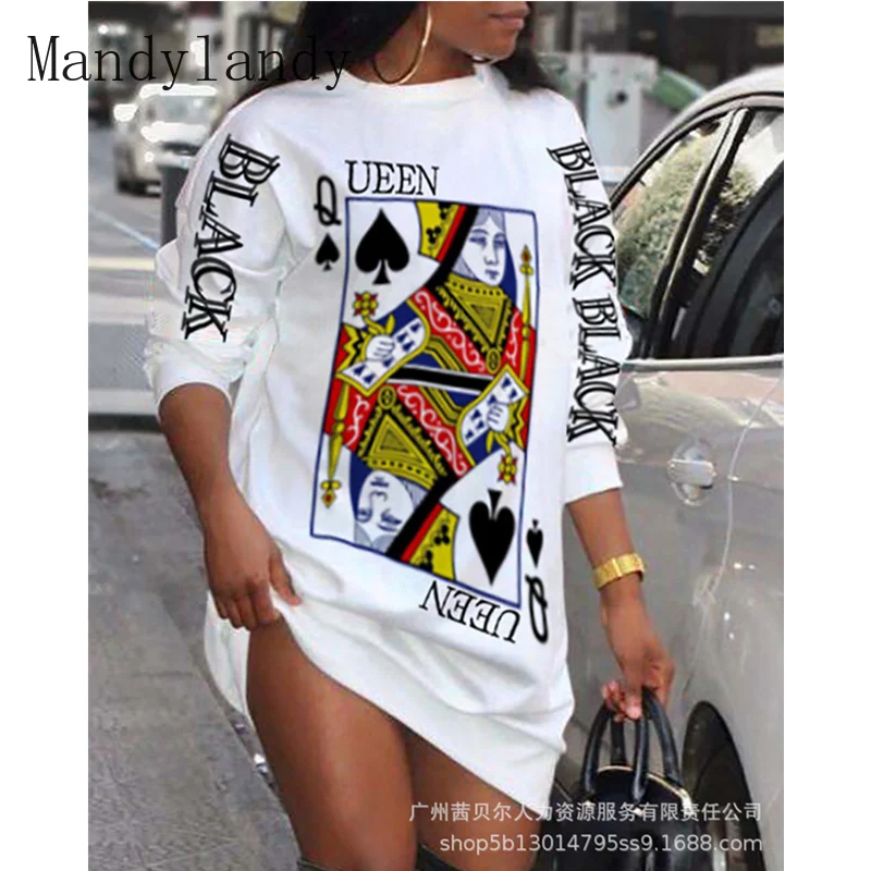 

Mandylandy Women's Autumn Playing Card Q Queen Print Loose Dress Lady Casual Fashion Long Sleeve O Neck Sweatshirt Dress
