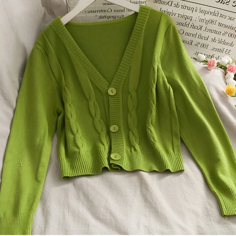 2021 Women Knitted Sweater Cardigans Ladies Korean Harajuku Long Sleeve Autumn Winter V Neck Crop Knitwear |