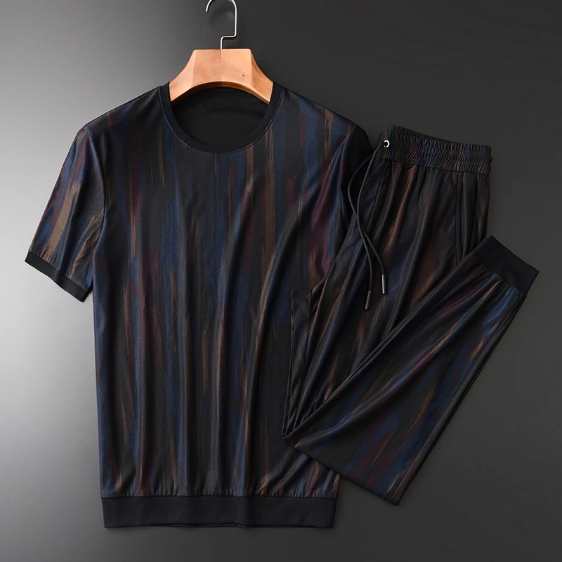 

Brand Mens Sets (t-shirt+pants) Luxury Allover Printed Short Sleeve Man Sets Plus Size 4xl Casual Fashion Slim Men Sets