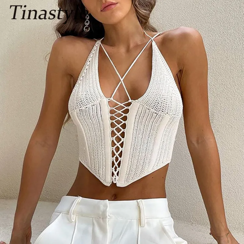 

Tinastyle White Knit Sexy Corset Crop Top Women Cross Bandage Backless Short Autumn Tank Top Fashion Y2K Party Clubwear Tees
