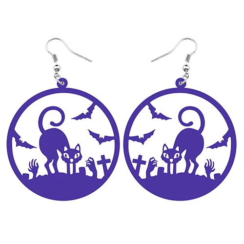 Purple ARWA акрил Хэллоуин большие круглые полые Черный кот летучая мышь зомби ручной крест серьги-подвески в форме капли женские вечерние подарки для девочек оптом - Окраска металла: Purple