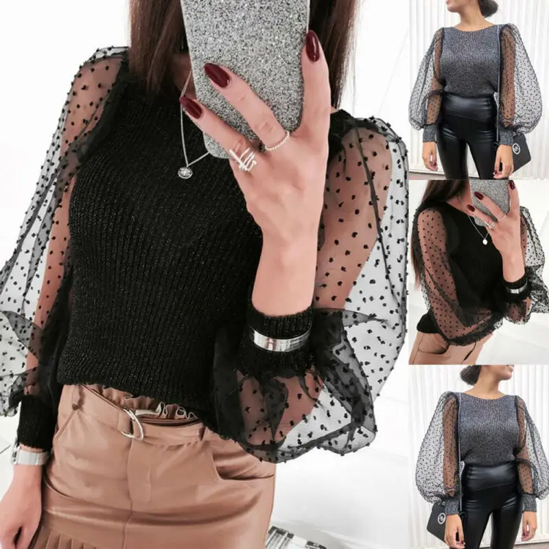 New Winter Womens Organza Ruffled Sleeve Solid Color Knitted Pullover Sweater Patchwork Mesh Casual Club Short Tops | Женская одежда