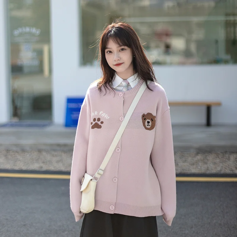 

Cartoon Bear Embroidery Harakuju Knitted Women Cardigans 2021 Winter Warm Coat Sweet Style sweater Girly Korean Fashion Jumpers