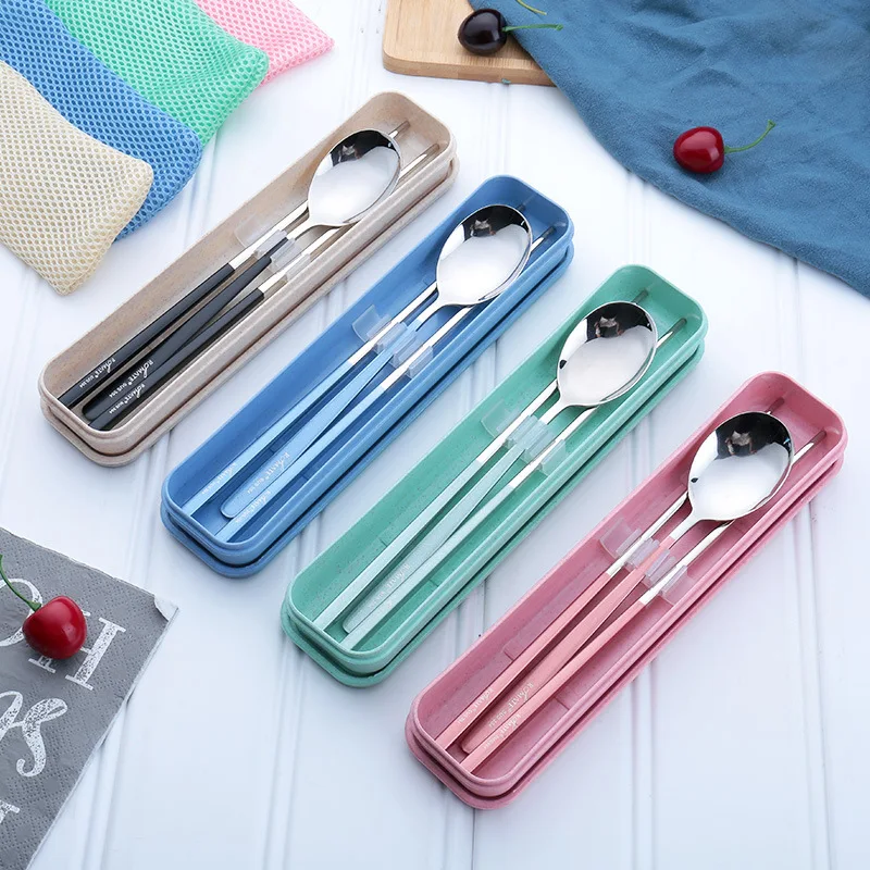 Stainless Steel Dinner Set Chopsticks Fork Spoon Box Portable Travel Camping Cutlery Tableware Dinnerware Case Kit | Дом и сад