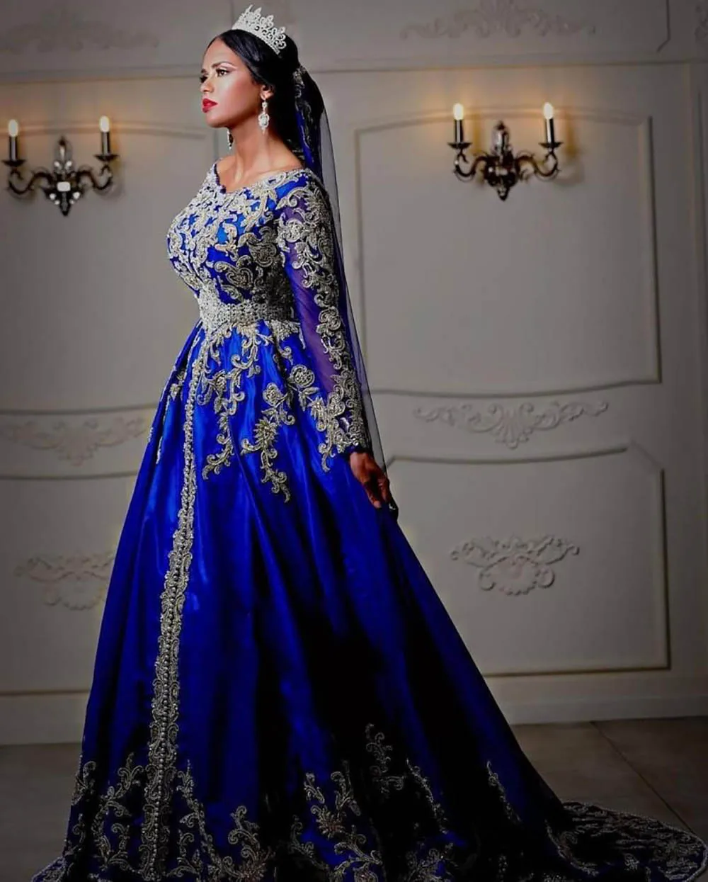 Royal Blue Vestidos De Fiesta Arabic Traditional Wedding Dresses Appliqued Long Sleeves kaftan caftan Turkey Bridal Gowns | Свадьбы и