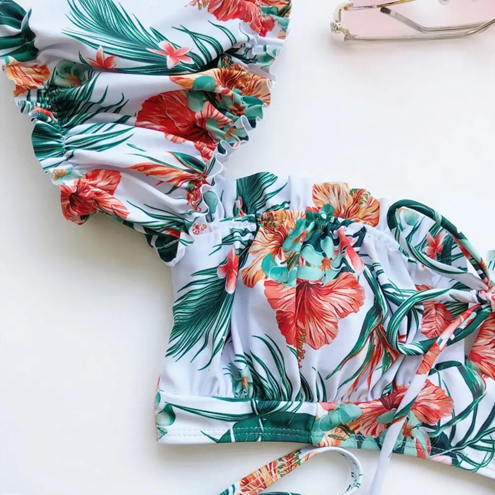 

White Ruffle Swimsuit Female Bandeau Bikini 2021 Short Sleeve Swimwear Women Tie Side Bathing Suit High Cut Biquini Swim