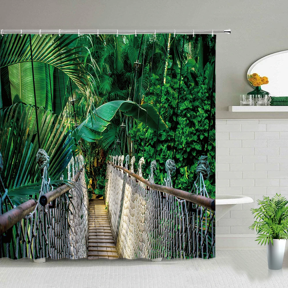 

Chinese Style Wooden Bridge Tropical Palm Leaf Banana Tree Green Plant Shower Curtain Set Waterproof Art Bathroom Decor Curtains