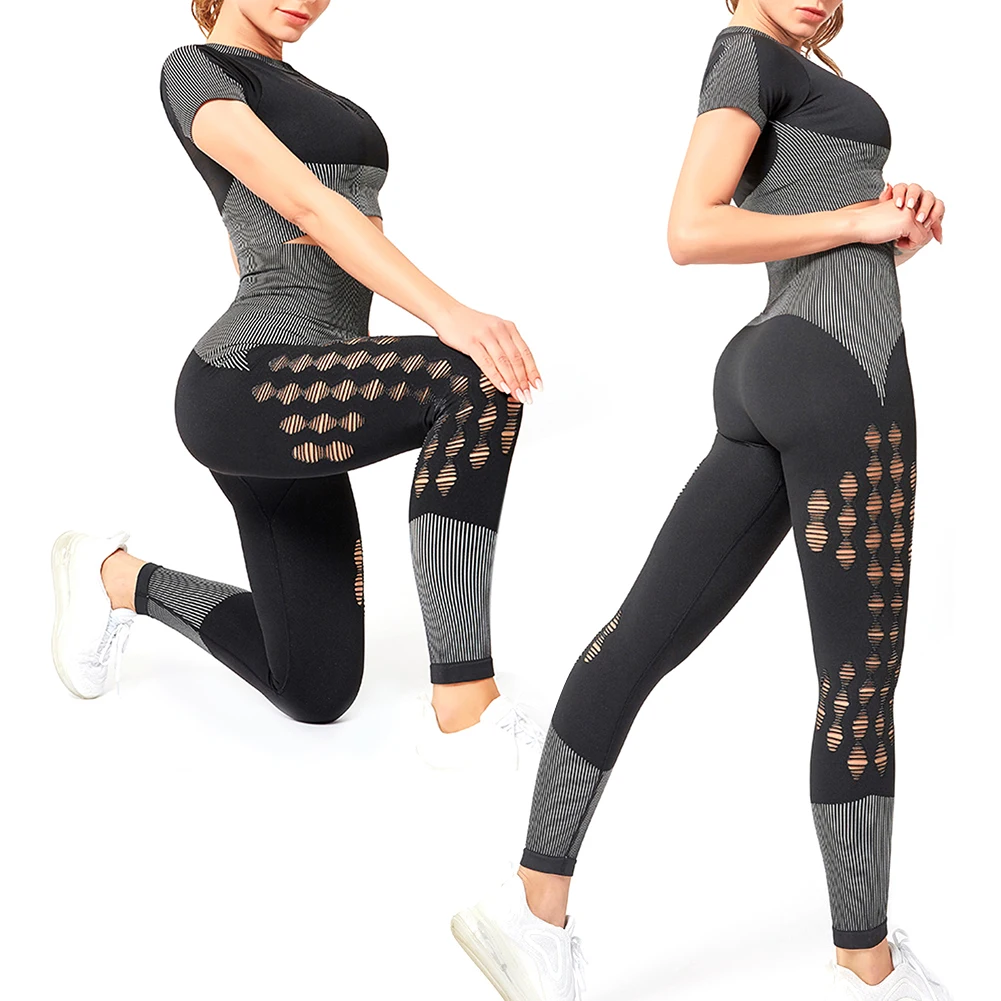 

New Women Sexy Short Sleeve Crop Top Hollow Out Mesh Pants Tracksuit Sports Outfit Female Shorts Suit Workout Clothes