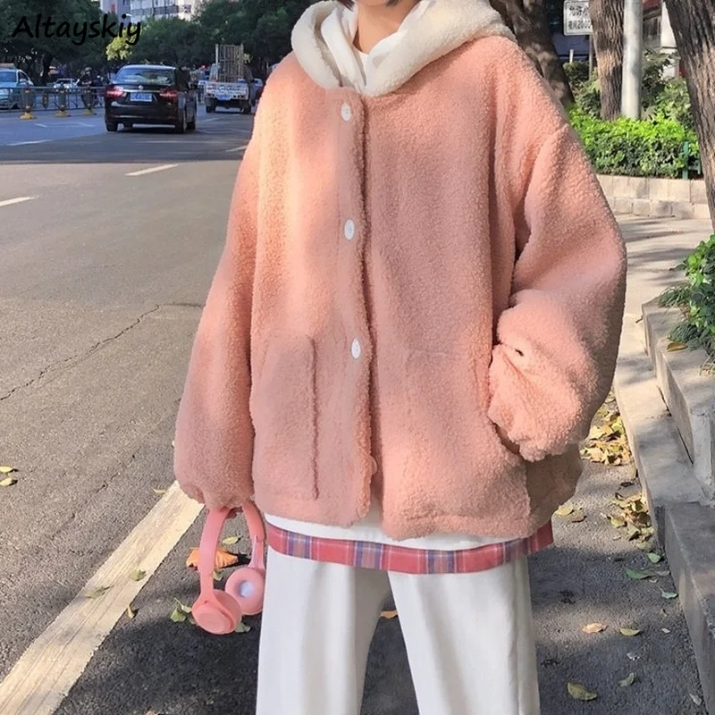 

Women Hooded Jackets Cute Lambswool Sweet Patchwork Single Breasted Warm Coats Female Winter Preppy Baseball Plush Outerwear Ins