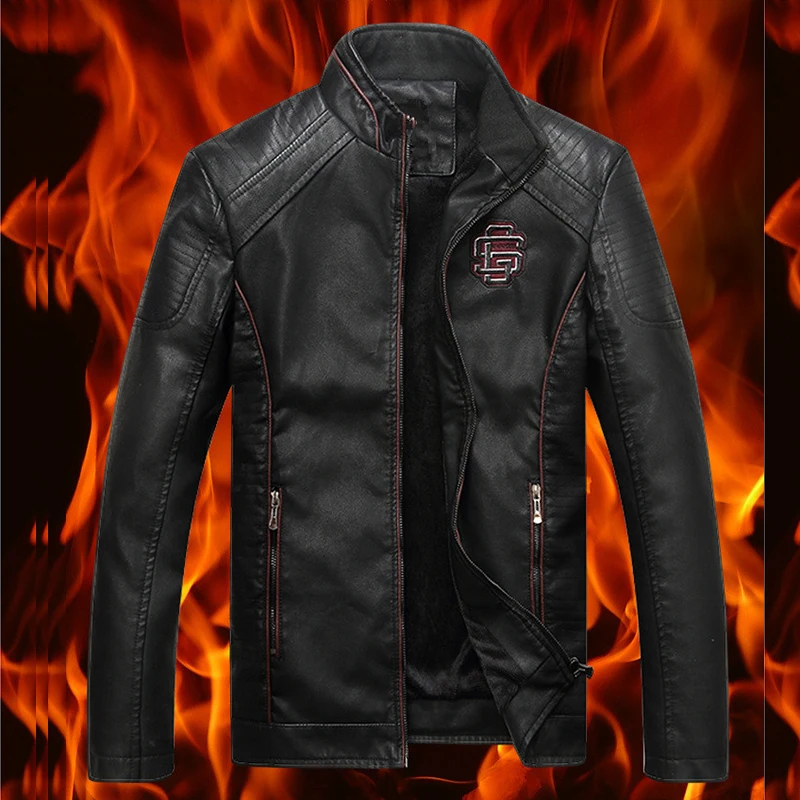Зимняя кожаная куртка пальто для мужчин флисовая Толстая мотоциклетная со