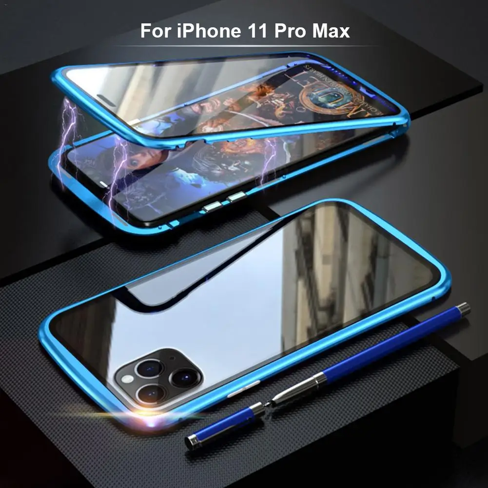For iPhone 11 Pro Ma Магнитный чехол Адсорбция мобильного телефона металлический каркас двойное закаленное стекло чехол для IPhone 11 Pro Max - Цвет: For iPhone 11 Pro Ma