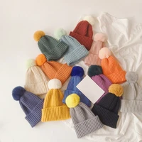 kenshelley cute winter kids crochet hat warm knit fur woolen children hats striped hat child pompom beanie knitted hat