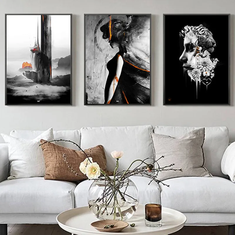Модный абстрактный цветок женская голова тигра черный белый холст картины