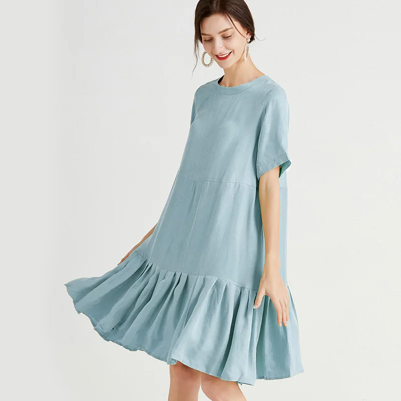 

SeeBeautiful Simple Pleated Ruffles Stitching Loose Dress O Neck Short Sleeve New Fashion Summer 2021 Woman E575