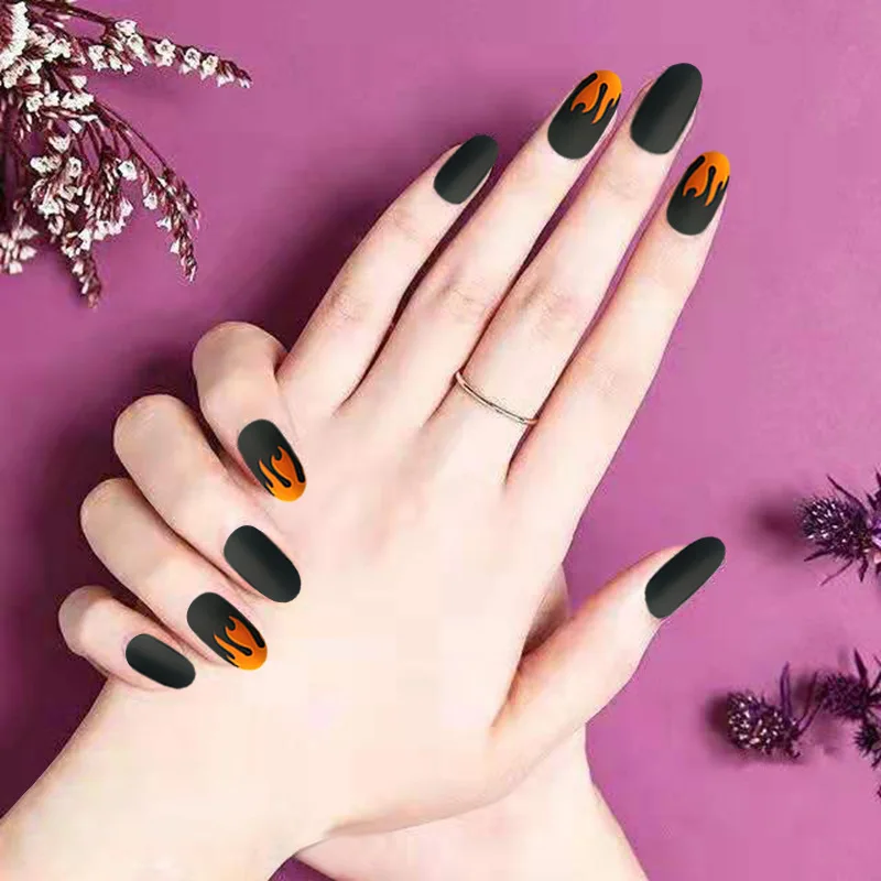 24 шт поддельные ногти для маникюра с пламенем Длинные матовые накладные круглой