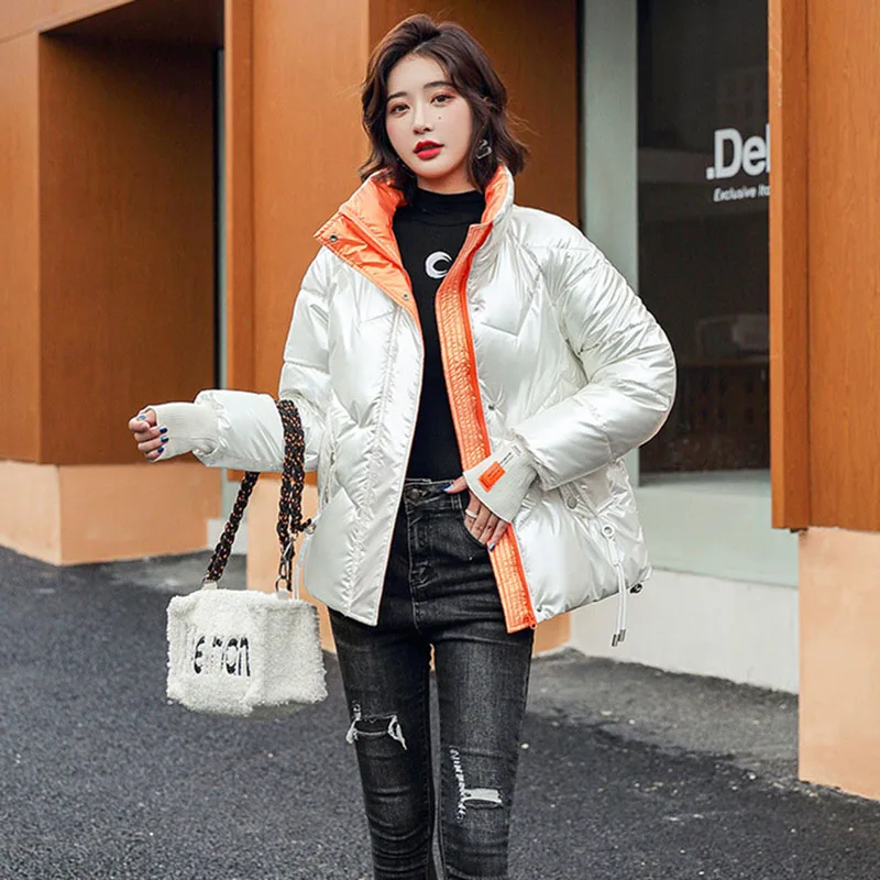 Women Parkas 2021New Winter Fashion Womens Cotton Jackets Loose Warm Stand Collar Glossy Letter Women Down Cotton Coat NBH189