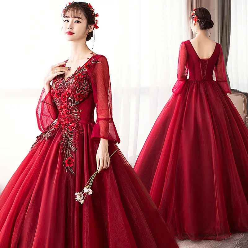 Платье Quinceanera с длинным рукавом сексуальные кружевные аппликации v образным